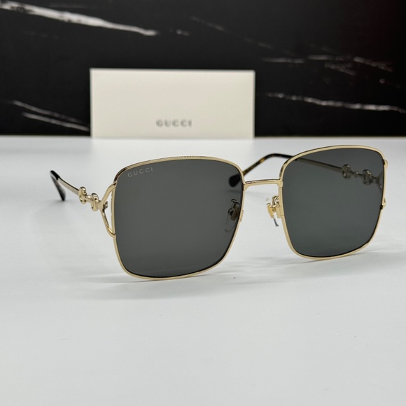 NEW GUCCI WOMEN SQUARE METAL AUTHENTIC GUCCI SUNGLASSES GOLD GRAY GUCCI EYEWEAR - Picture 5 of 12